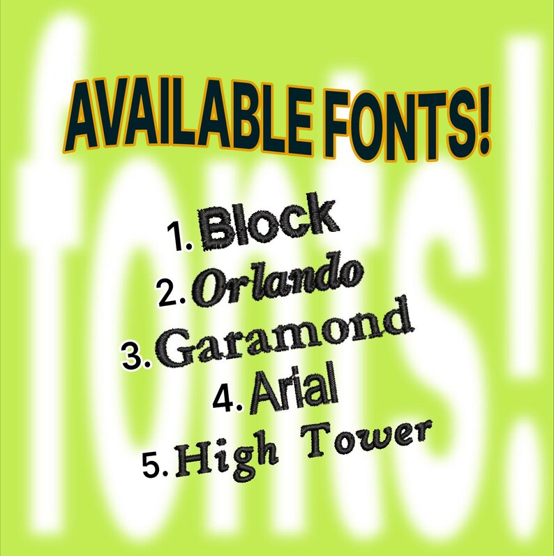 a collection of available fonts, including Block, Orlando, Garamond, Arial, and High Tower, presented against a bright green background.