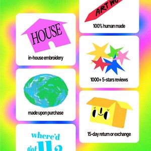 a collage of six different images, each with a unique design and description. The images include a house, a globe, a box, a smiley face, a star, and a text box.