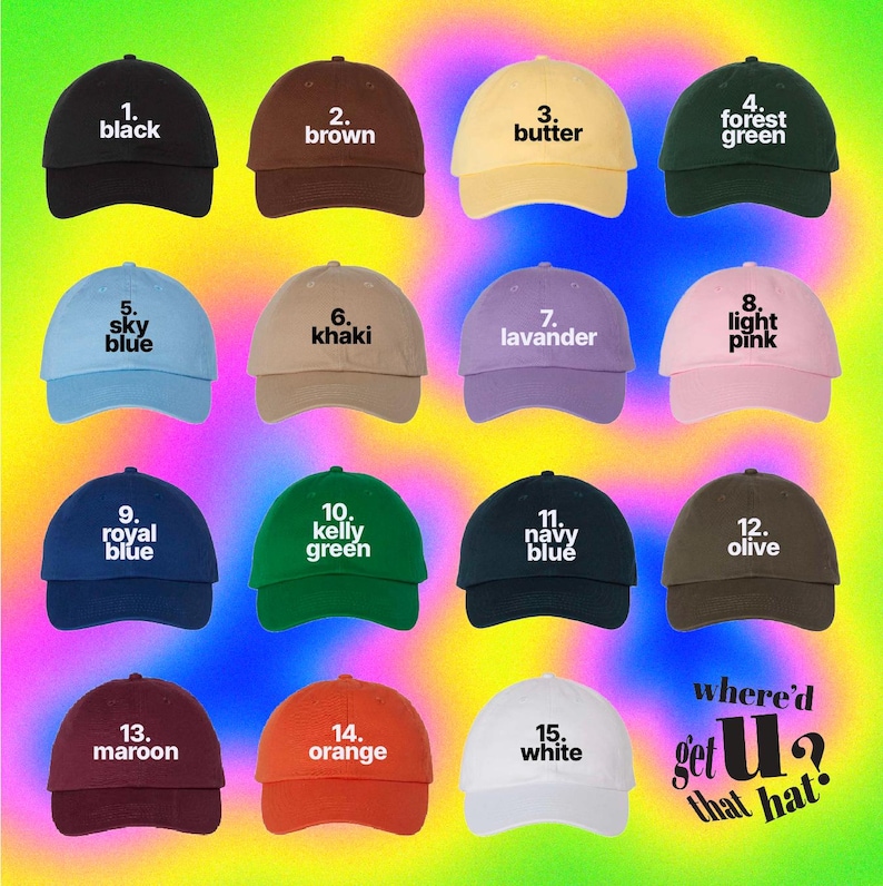 a collection of 16 different colored baseball caps, each with a unique color and style, arranged in a grid against a colorful gradient background.