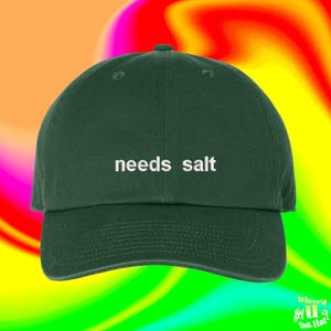 May include: A dark forest green baseball cap featuring the text "needs salt" embroidered in white thread across the front center. The cap has a structured six-panel crown, a curved brim, and a button at the top center of the dome.