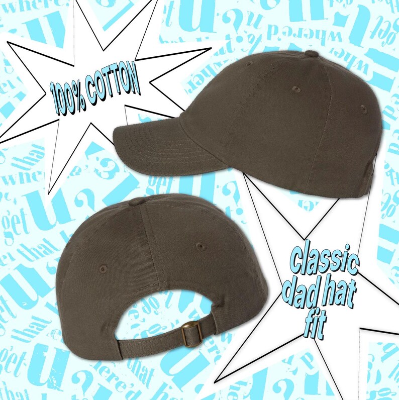 a gray baseball cap with text indicating its quality and style.