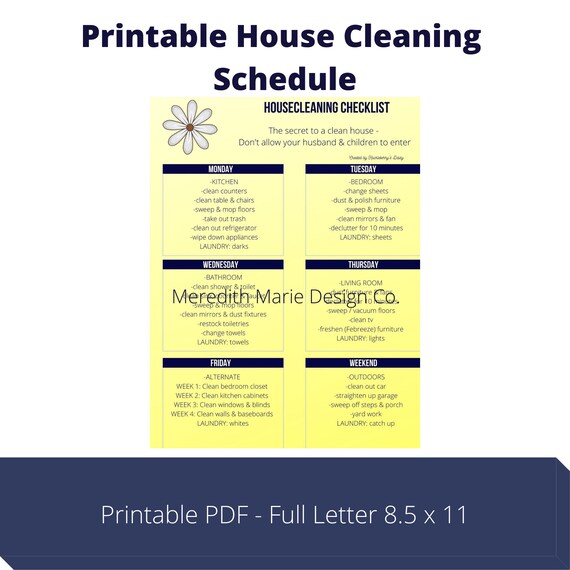 Printable House Cleaning Schedule Weekly House Cleaning | Etsy