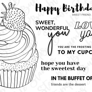 Strawberry Digi Stamp, Timbre numérique, Téléchargement instantané, Dessin au trait, Clipart, Cupcake