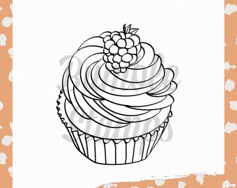 Blackberry Cupcake Digital Stamp (Line Art, Fully Coloured) for Cricut and Silhouette