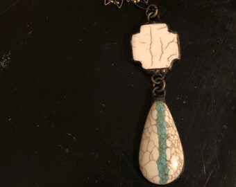 Cream and Turquoise Stone Pendant, Gifts for her! Unique Necklace.