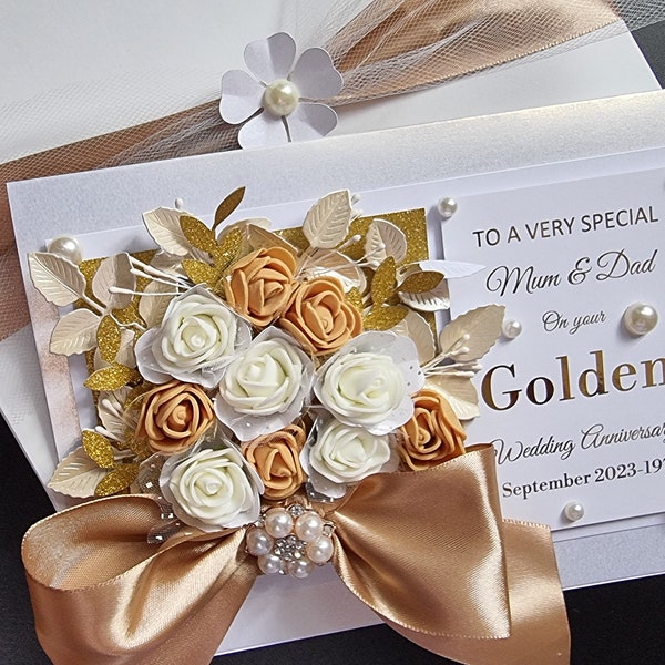 Golden 50th Wedding Anniversary card, luxury 3D handmade personalise Golden wedding Anniversary card in a gift box, mum & dad, wife, Husband