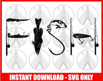 May include: Black and white silhouette design of the word "FISH" with fishing-related imagery. The "F" is a fish, the "I" is a fishing rod, the "S" is a hook, and the "H" is a lure.