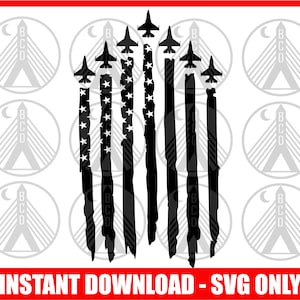 Könnte beinhalten: Schwarz-weiße Silhouette einer notleidenden amerikanischen Flagge mit fünf Kampfflugzeugen, die in Formation fliegen. Die Flagge ist zerrissen und zerrissen, mit einem Grunge-Effekt.
