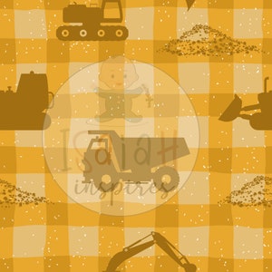 May include: A yellow and white checkered background with a silhouette of a baby, a dump truck, and construction equipment. The text "Isaiah inspires" is in the center of the image.