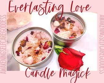 May include: Two round, silver-colored candle tins filled with pink wax, adorned with rose petals, crystals, and a sprinkle of cinnamon. The text "Everlasting Love" and "Candle Magick" are displayed in a cursive font.