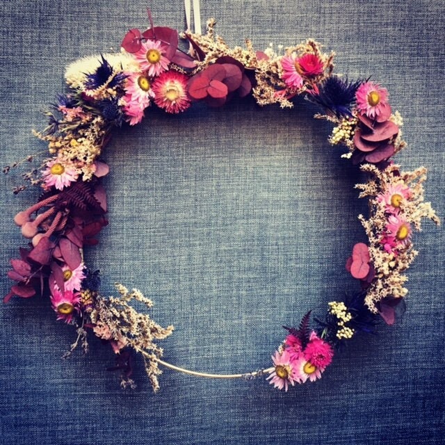 Couronne Purple Hélichrysum Brunia, Couronne Fleurs Séchées, Couronne, Wreath, Composition Dried Flo