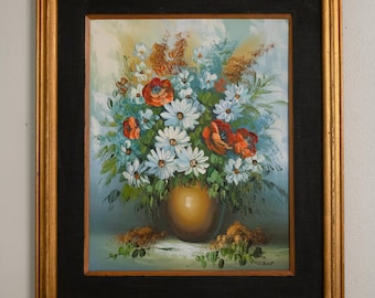 Vintage gerahmtes signiertes Blumenstillleben-Ölgemälde