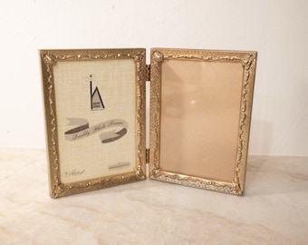 Vintage 1960s Bilderrahmen mit Doppelscharnier, goldfarbenes Metall