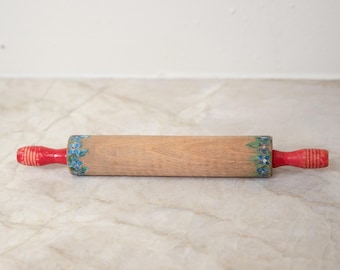 Vintage Mini Holz Nudelholz mit handbemalten Blauen Blumen & Roten Griffen