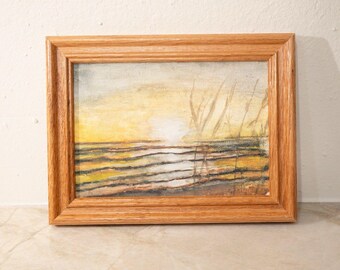 Vintage original Acryl Gemälde Sonnenaufgang mit einem Holzrahmen 5x7