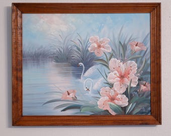 Vintage Gemälde von Swans Lake - Carol Blake Serene Misty Floral Art (50,5 x 40 cm)