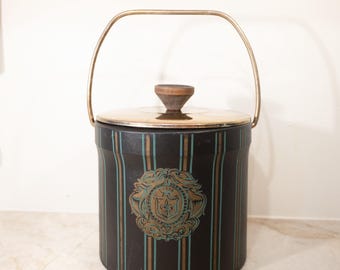 Vintage MCM Kunstleder Eiskübel - Schwarz mit goldenen Wappen & Türkisen Streifen - Retro Bar Zubehör