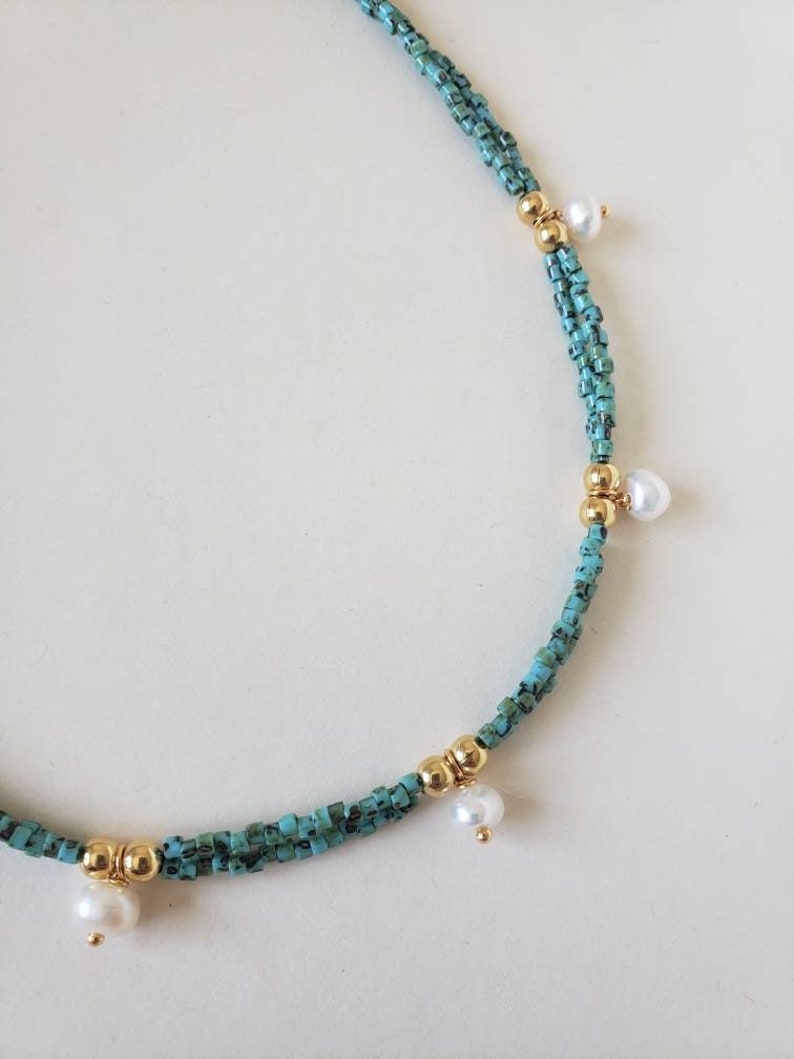 Double row turquoise and freshwater pearl necklace image 3
