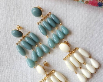 Multi-strand resin bead dangling earrings