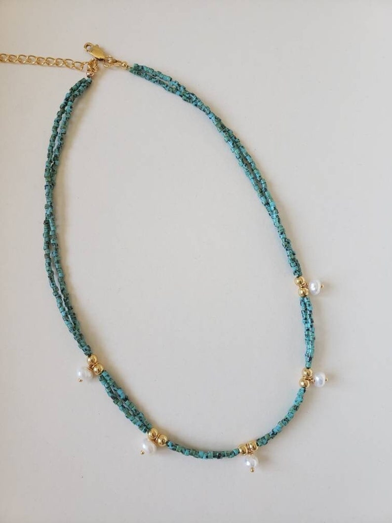 Double row turquoise and freshwater pearl necklace image 2