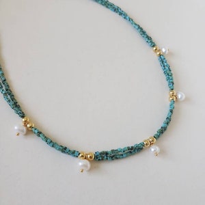 Double row turquoise and freshwater pearl necklace image 1