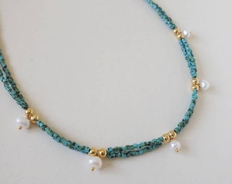 Doppelreihige Halskette aus Türkis und Süßwasserperlen