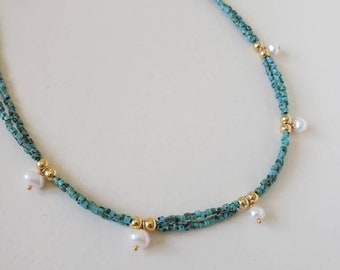 Collier double rang turquoise et perle d'eau douce