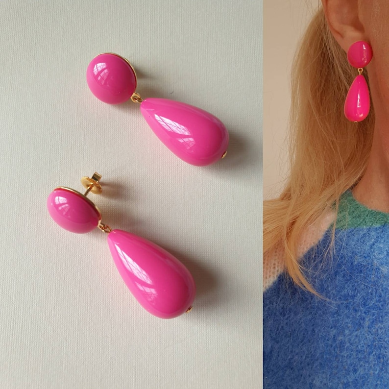 Boucles d'oreilles larme en résine Fushia