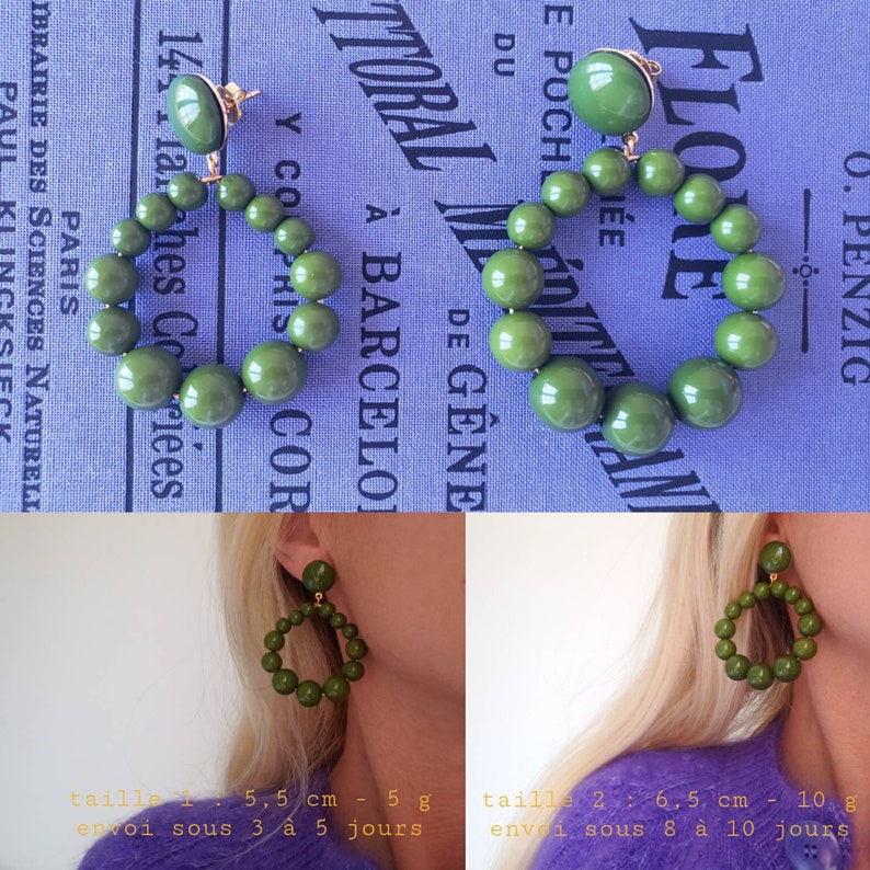 Boucles d'oreilles taille 1 créoles perles résine style vintage Les colorées 5,5 cm 5 g vert olive
