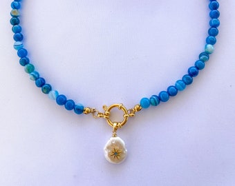 Blue Agate Necklace: Pearl Star Charm, Handmade 16-Inch Necklace