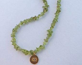 Natural peridot bead necklace and Turkish eye charm  / matching crystal necklaces / peridot necklace gold / august birthstone /