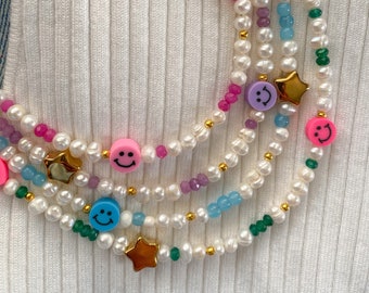 Pearl colorful necklace / Colorful Freshwater Pearl Beaded Necklace / smiley face necklace  / colorful choker necklace / y2k necklace