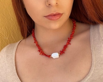 Handmade Red Bamboo Coral Necklace: Real Pearl Pendant