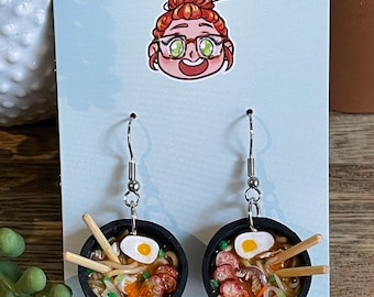 Miniature Ramen Bowl Earrings, Realistic Food Jewelry, Polymer Clay Dangles