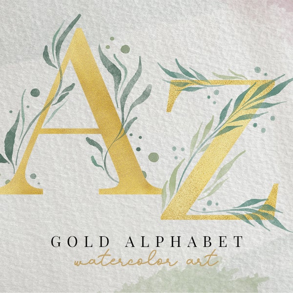 Gold Alphabet with Leaf Watercolor Letters A to Z, Golden Alphabet, Watercolor Art, Hand-drawn Illustration, PNG Clipart, Digital Download