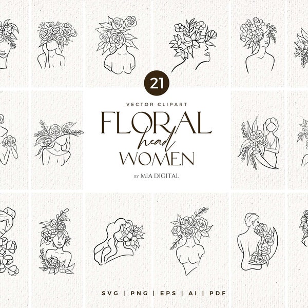 Women with Flowers in Head SVG Clip Art/ Black Line Art Girl with Flowers Print Vector and PNG Download/Minimal Line Art/Free Commercial Use
