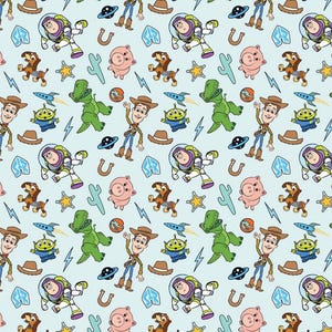 May include: A light blue pattern featuring cartoon characters from the Toy Story franchise. The design includes Woody, Buzz Lightyear, Rex, aliens, and other elements like horseshoes, stars, and cacti.