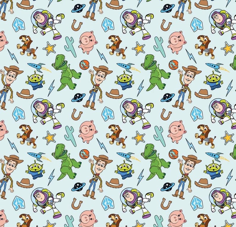 May include: A light blue pattern featuring cartoon characters from the Toy Story franchise. The design includes Woody, Buzz Lightyear, Rex, aliens, and other elements like horseshoes, stars, and cacti.