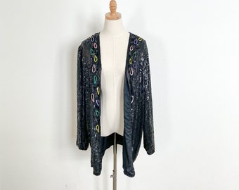 Vintage Beaded Sequin Cardigan/ Sequin jacket top/ Open front beaded long sleeve Blosue / Size Small