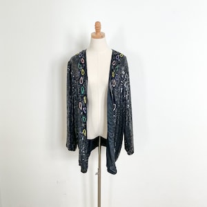 Vintage Beaded Sequin Cardigan/ Sequin jacket top/ Open front beaded long sleeve Blosue / Size Small