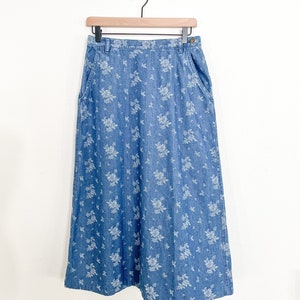 Vintage Floral Cotton Denim High Waisted Midi Dress | Size 10