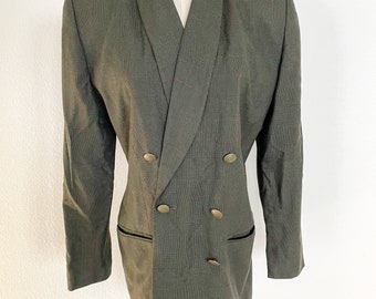 Vintage 90s Double Breasted Blazer Olive Green Tartan Women’s 8 Shawl Lapel
