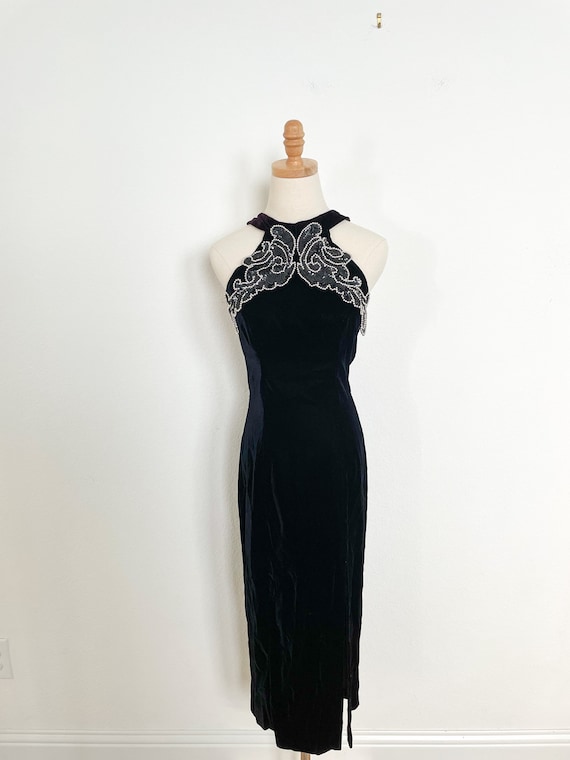 Vintage Velvet Form Fitting Black Velvet Dress With Beaded Neckline Etsy UK