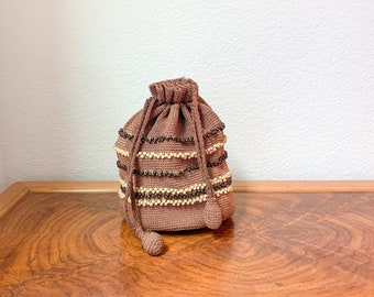 Vintage Brown Knit Beaded Drawstring Bucket Bag