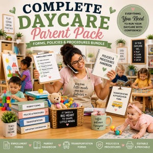 Könnte beinhalten: Ein digitales Paket mit dem Titel Complete Daycare Parent Pack, das Formulare, Richtlinien und Verfahren enthält. Das Set umfasst ein Anmeldeformular, ein Handbuch für Richtlinien und Verfahren, ein Transportgenehmigungsformular und verschiedene Ordner.