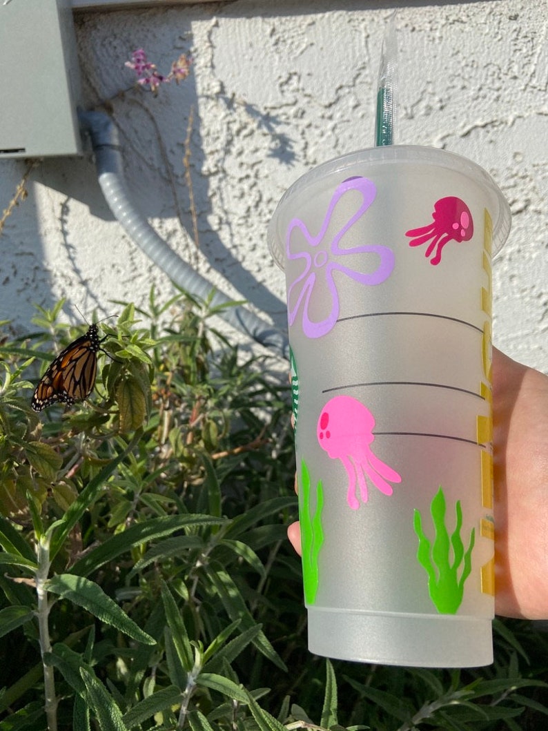 Personalized Spongebob Starbucks Cup jelly fish, seaweed, flowers