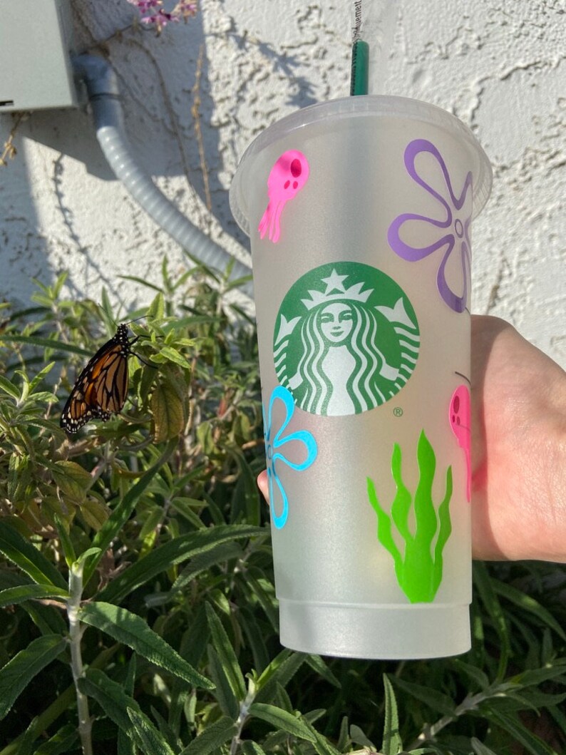 Personalized Spongebob Starbucks Cup jelly fish, seaweed, flowers