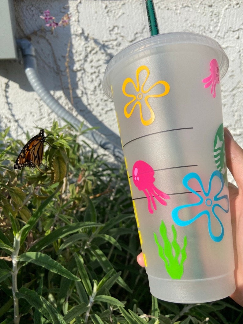 Personalized Spongebob Starbucks Cup jelly fish, seaweed, flowers