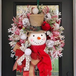 XL Winter Snowman Wreath, Rustic Christmas Snowman Swag, Farmhouse Snowman Winter Door Hanger, Cardinal Xmas Wreath, Burlap Christmas Wreath