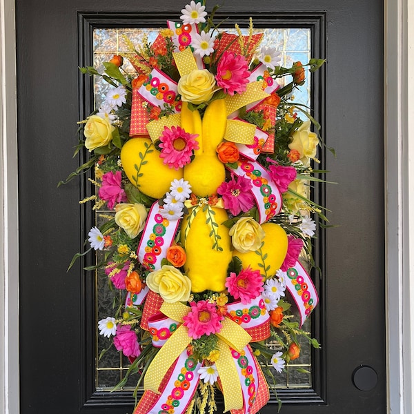 XL Deluxe Easter Swag, Designer Easter Bunny Wreath, Floral Easter Swag, Flocked Bunny Spring Door Hanger, Easter Yellow Rose Wreath